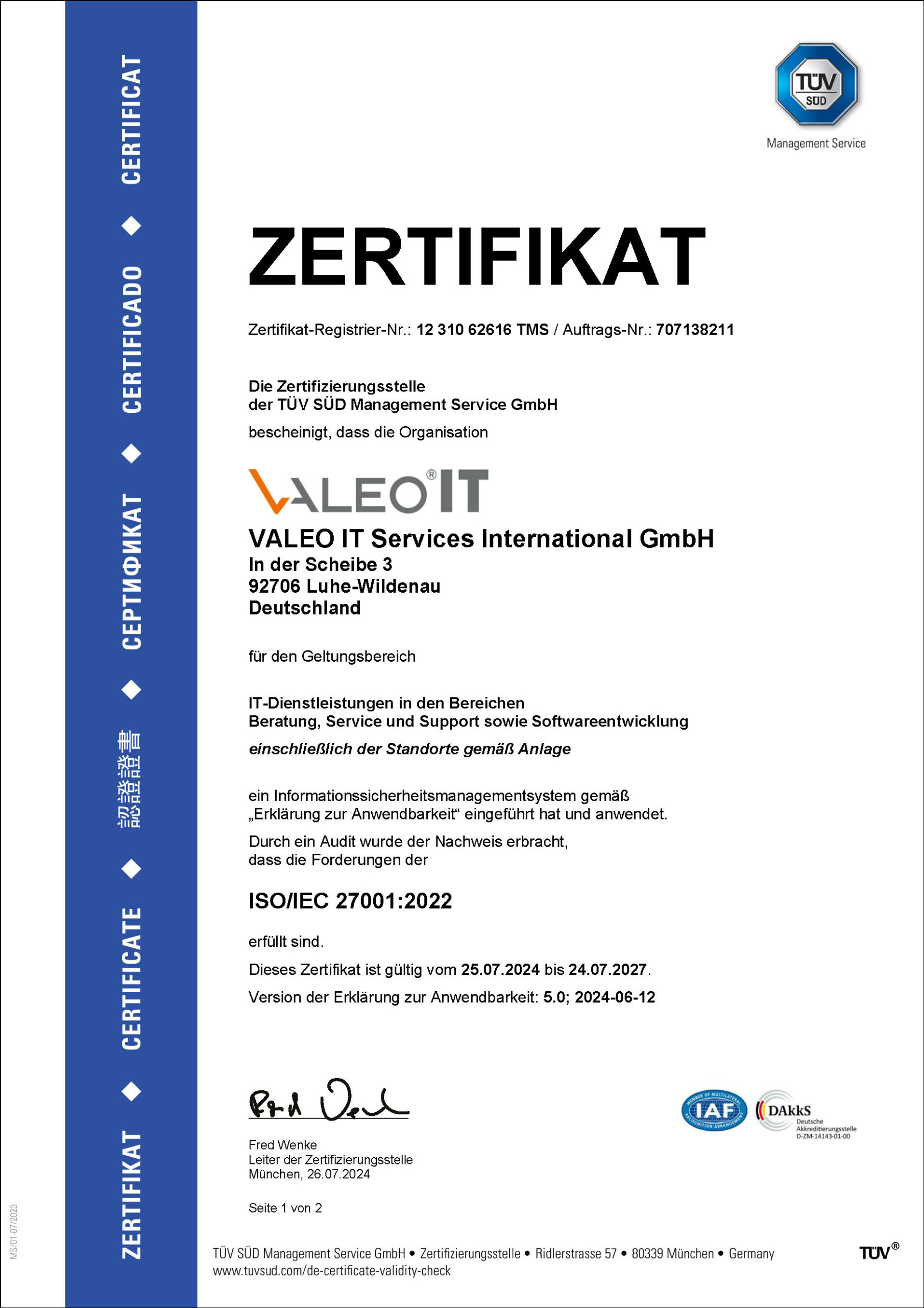 Informationssicherheit | VALEO IT Services International iso27001 2022 zertifikat scaled | VALEO IT Services International