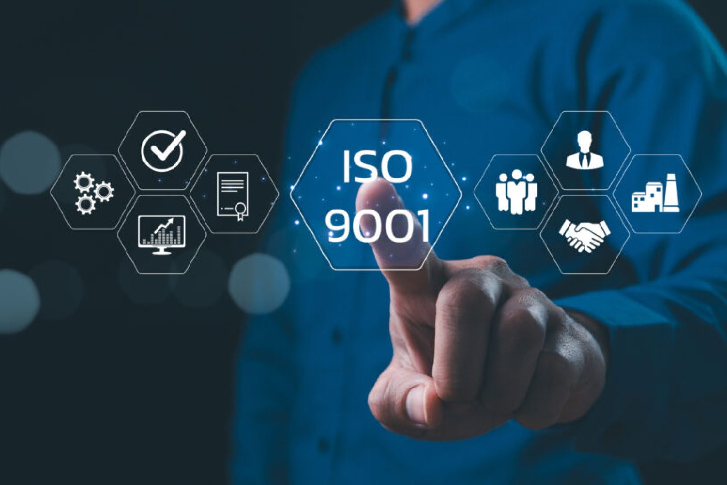 ISO 9001 standard for quality management in organizations, with an auditor. Standard quality control certification and assurance for automation processes. Quality management, certificate approval.