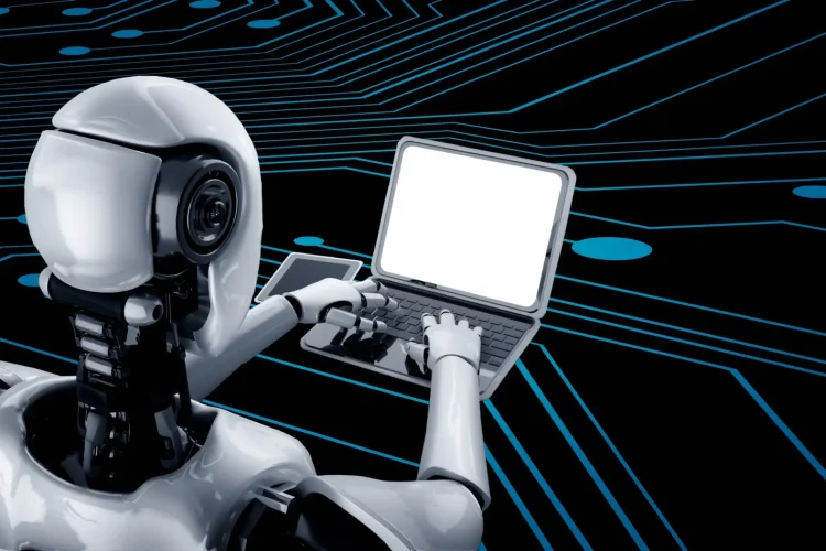 Robot humanoid use laptop and sit at table in future office